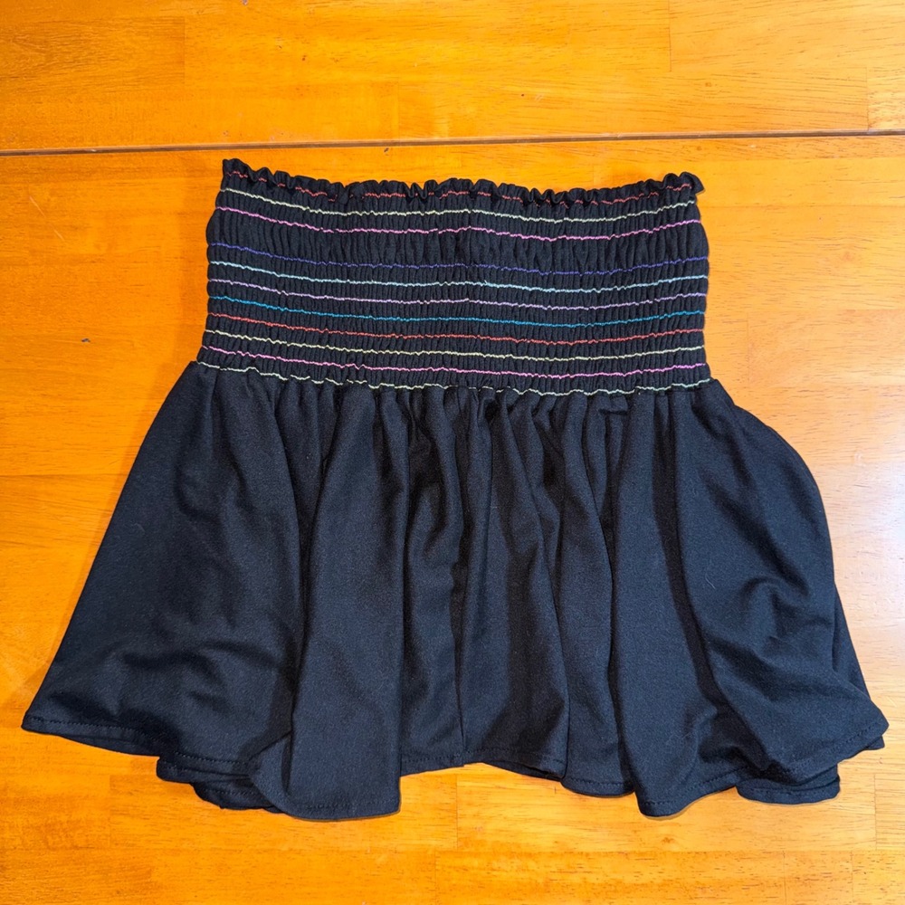 Black Smocked Mini Skirt Tube Top Rainbow Stitching Small USA Made Erge Designs